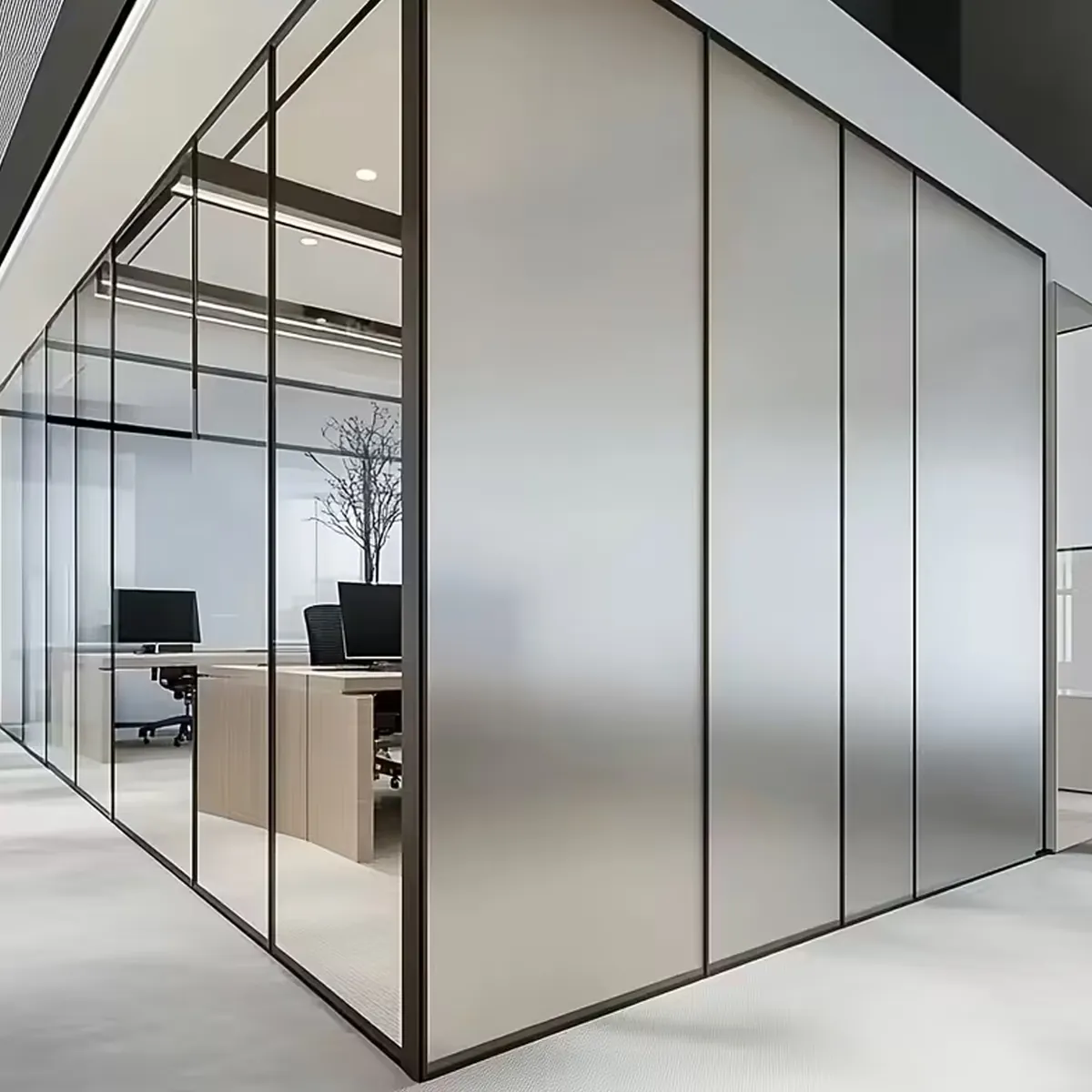 Completed corporate meeting suite with frosted glass partitions