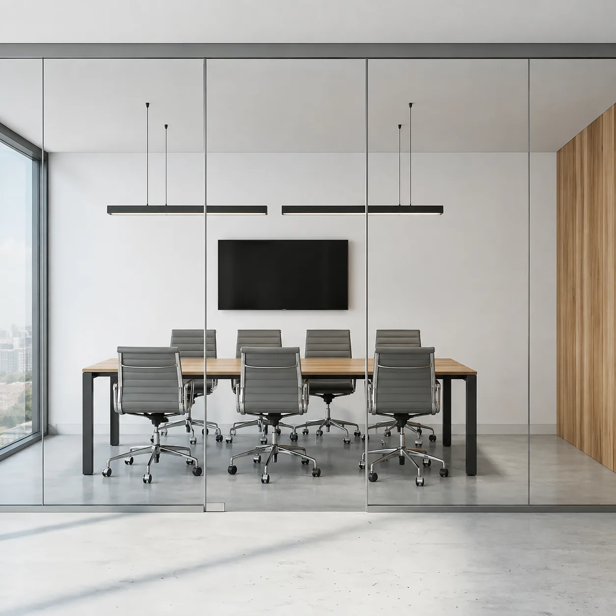 Commercial glass office partition, shown clear and with frosted film applied