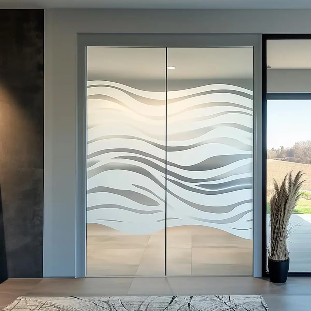 Glass wall with flowing wave-cut frosted edges